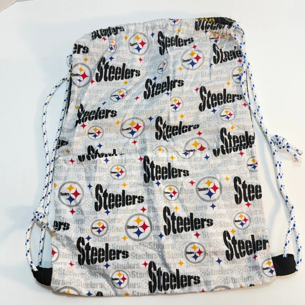 Drawstring Bag Black Pittsburgh Steelers Fabric Reversible Cinch Sack Handmade